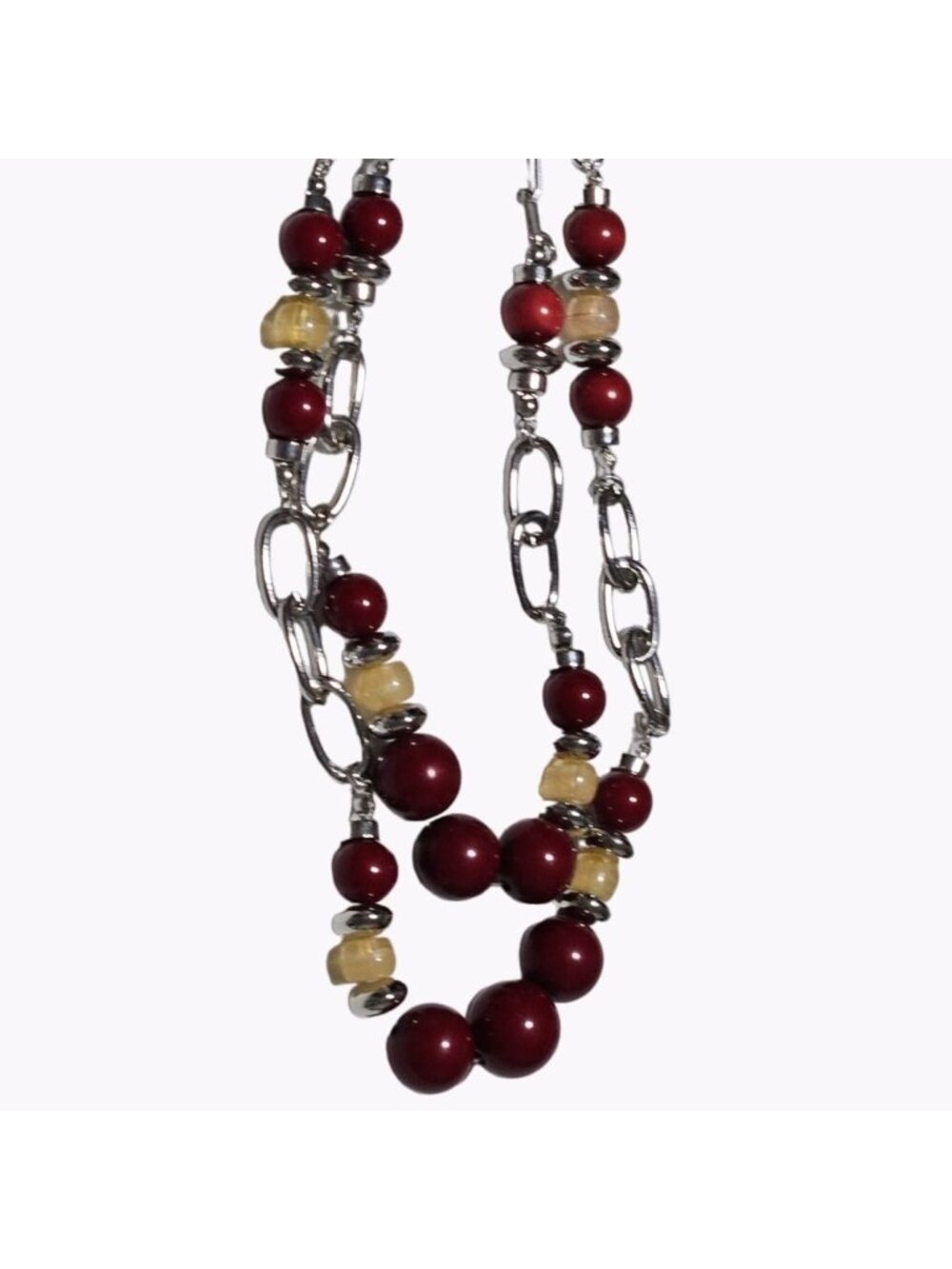 Vintage Beaded Necklace Double Strand Chain Link Red Yellow Beads Silver Tone